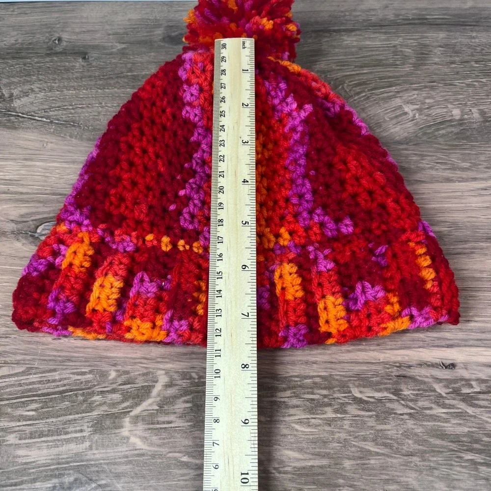 Handmade‎ Crochet Beanie Kids Red Orange Pink Pom Pom Winter Hat